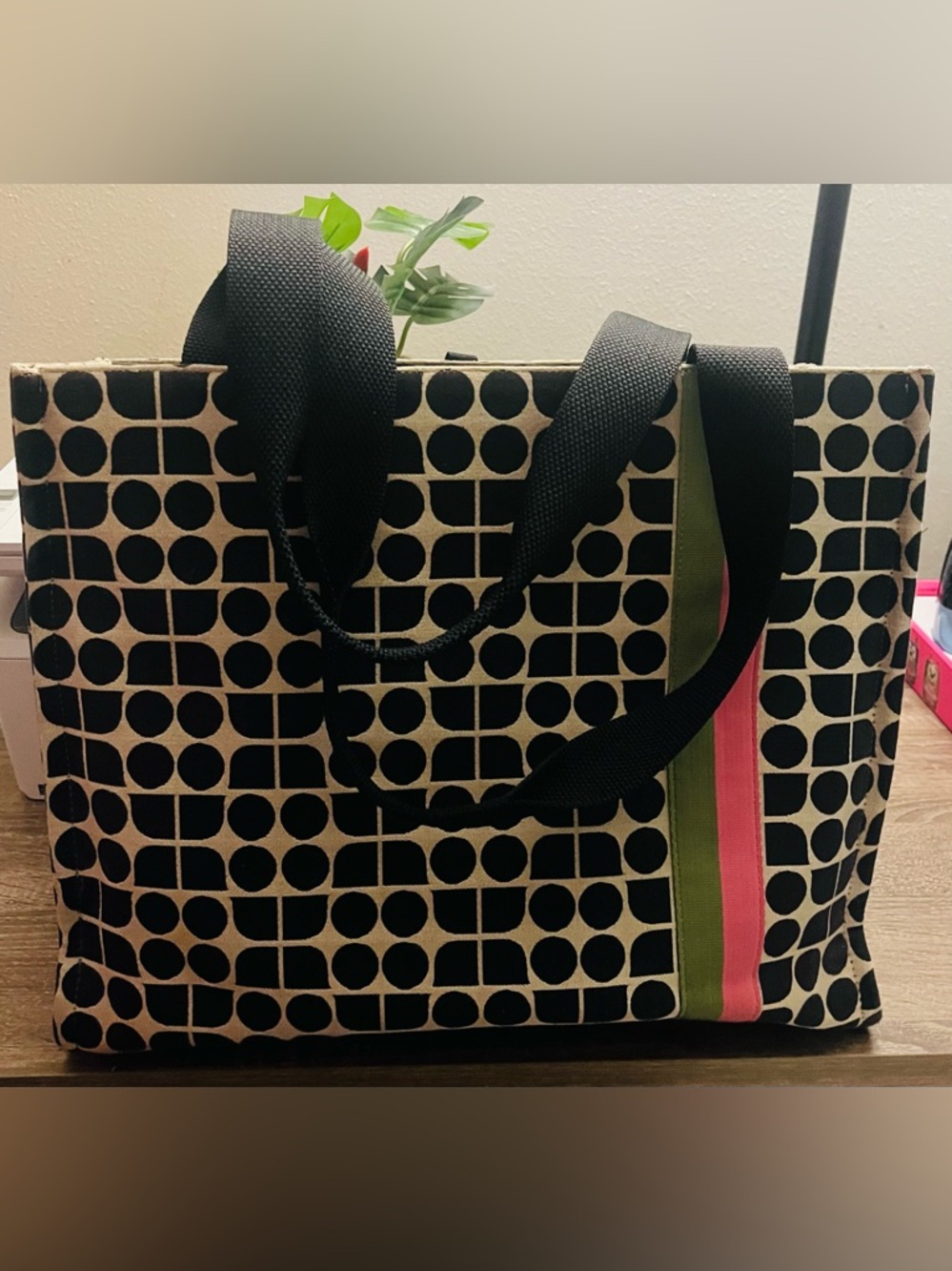 Black & Cream Geometric Large Kate Spade Tote Bag with Pink and Green Stripe